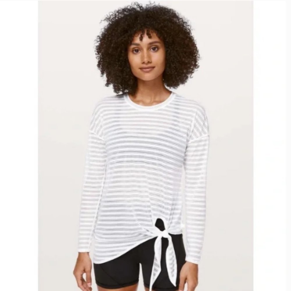 lululemon athletica White Sheer Striped Long-Sleeve Tie Front Top